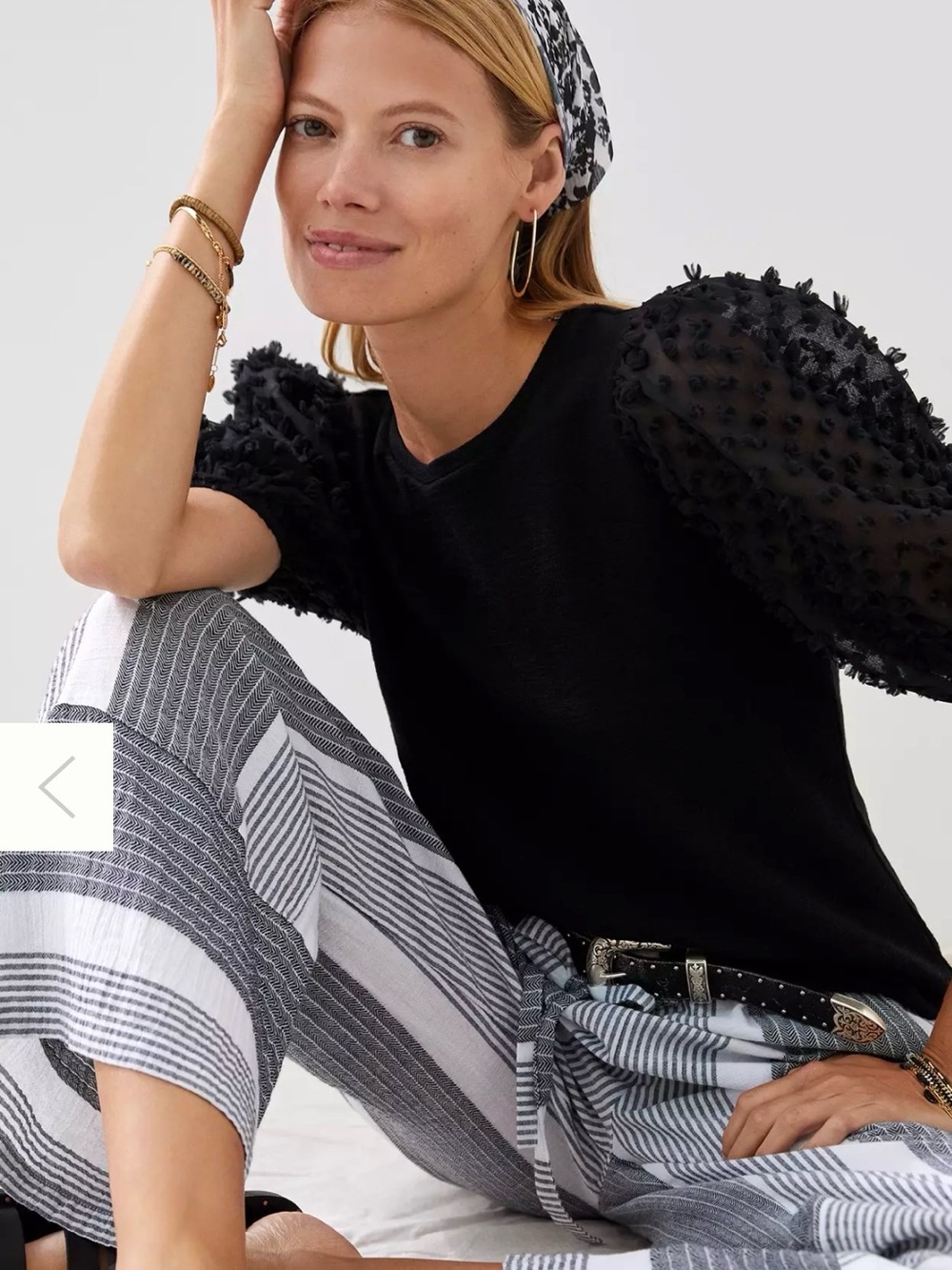 Maeve Woven Puff-Sleeve Knit Top with Textured Sheer Sleeves